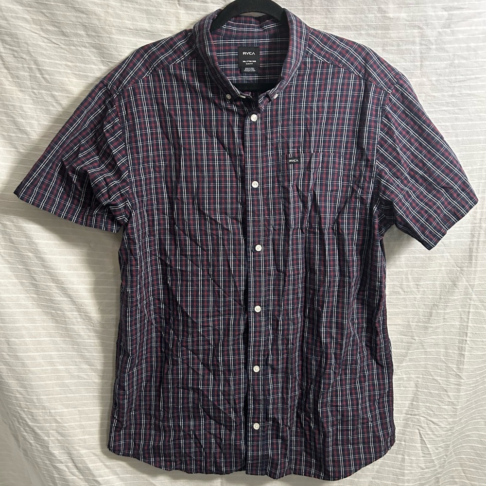 RVCA Shirt Mens Shirt Black Red Plaid Casual Slim Fit Button Up Size XXL. B51